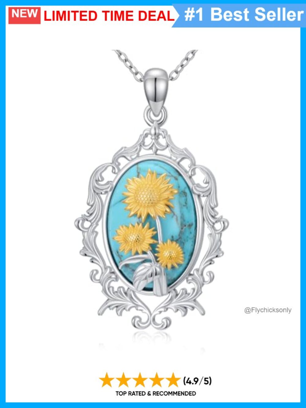925 Sterling Silver Natural Turquoise Sunflower Pendant Necklace 18in